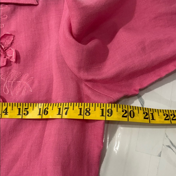 Fred David Petite Pink Linen Button Front 3/4 Sleeve Floral Embroidered Blouse - Picture 11 of 16